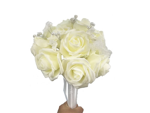 Load image into Gallery viewer, 12&quot; Foam Rose Bouquet with Glittered Tulle, Pearls &amp; Ribbon (1 Pc)
