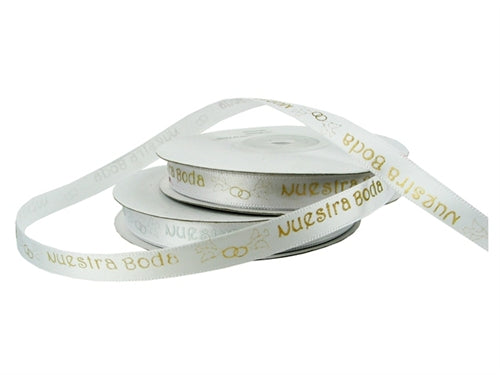 Load image into Gallery viewer, 3/8&quot; Satin METALLIC Printed Ribbon - &quot;Nuestra Boda&quot; (25 Yards)
