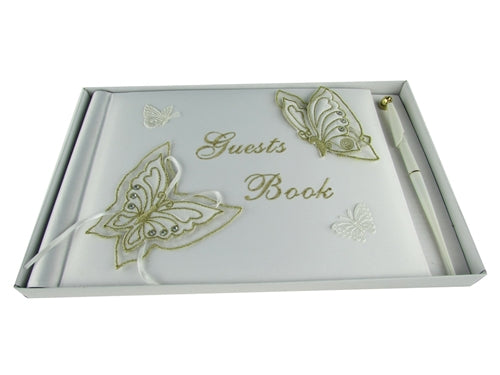 Premium Satin Embroidered - "GUESTS BOOK" w/ Pen - Butterfly Design(1 Pc)