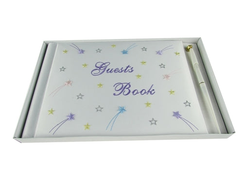 Load image into Gallery viewer, Premium Satin Embroidered &quot;GUESTS BOOK&quot; w/ Pen - Stars Design (1 Pc)
