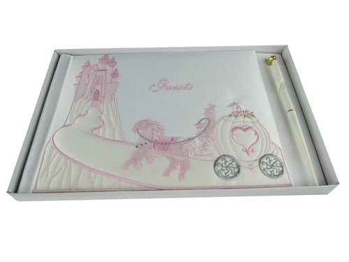 Premium Satin Embroidered "Guests" Book w/ Pen - Cinderella Design (1 Pc)