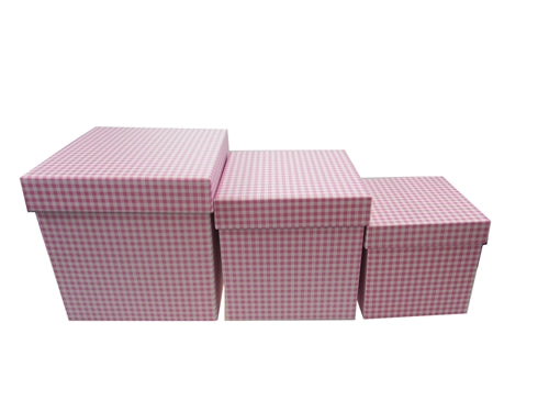 7" Paperboard Multi-Use Nested Boxes - 3 Tier - Gingham Pink (Set of 3)