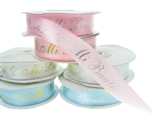 7/8" Satin METALLIC Printed Ribbon - "Mi Bautizo" (25 Yards)