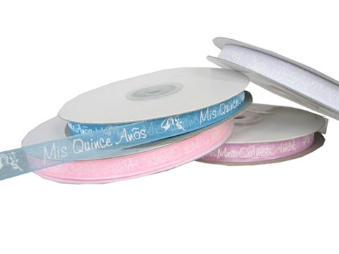 Load image into Gallery viewer, 3/8&quot; Organza Printed Ribbon - &quot;Mis Quince Anos&quot; (25 Yds)
