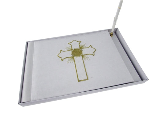 Premium Satin Embroidered Cross Guest Book w/ Pen (1 Pc)