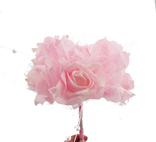 11" Tall Foam Rose Bouquet w/ Sparkling Tulle & Beaded Spray (1 Pc)
