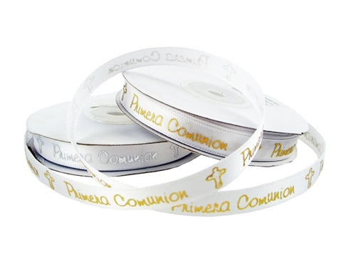 Load image into Gallery viewer, 3/8&quot; Satin METALLIC Printed Ribbon - &quot;Primera Comunion&quot; (25 Yards)

