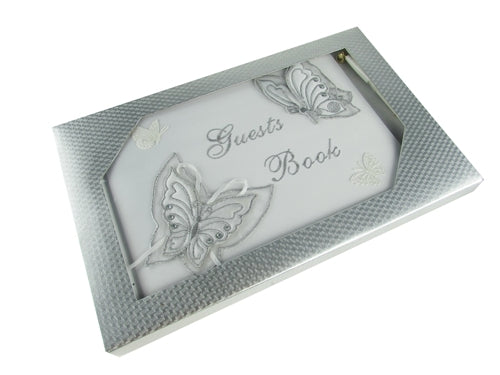 Satén premium bordado - "LIBRO DE INVITADOS" con bolígrafo - Diseño de mariposa(1)