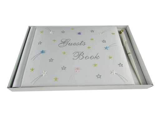 Satén premium bordado "LIBRO DE INVITADOS" con bolígrafo - Diseño de estrellas (1)