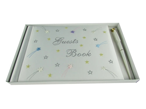 Load image into Gallery viewer, Premium Satin Embroidered &quot;GUESTS BOOK&quot; w/ Pen - Stars Design (1 Pc)
