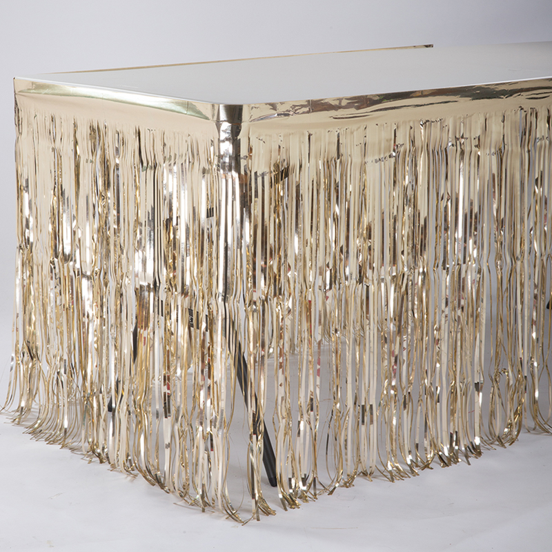 Load image into Gallery viewer, 14ft x 30&quot; Fringed Foil Metallic Table Skirt (1 Pc)
