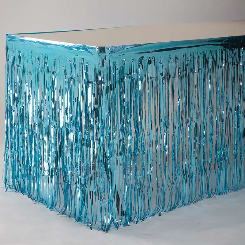 Load image into Gallery viewer, 14ft x 30&quot; Fringed Foil Metallic Table Skirt (1 Pc)
