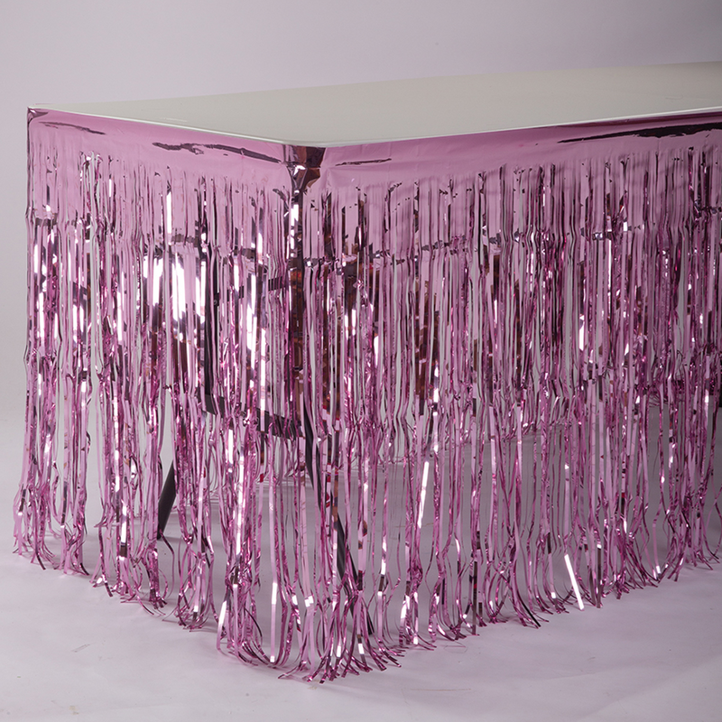 Load image into Gallery viewer, 14ft x 30&quot; Fringed Foil Metallic Table Skirt (1 Pc)

