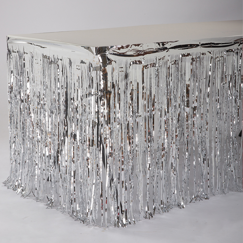 Load image into Gallery viewer, 14ft x 30&quot; Fringed Foil Metallic Table Skirt (1 Pc)
