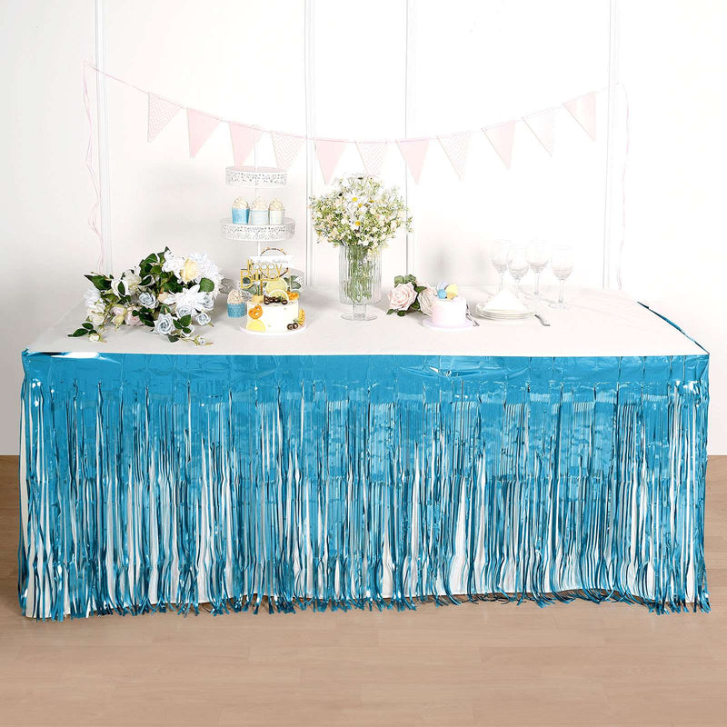 Load image into Gallery viewer, 14ft x 30&quot; Fringed Foil Metallic Table Skirt (1 Pc)
