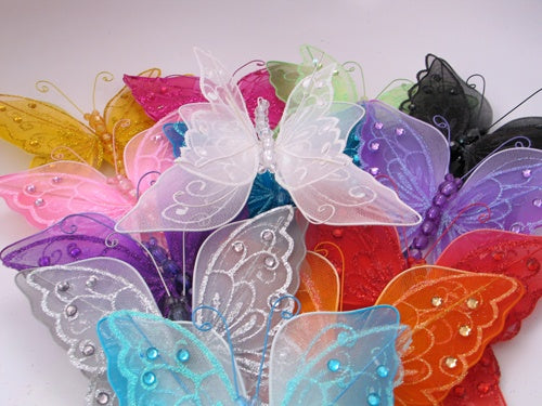 Load image into Gallery viewer, CLEARANCE 7&quot; Sheer Acrylic Double Layered Wired Butterflies w/ Clip (1 Pc)
