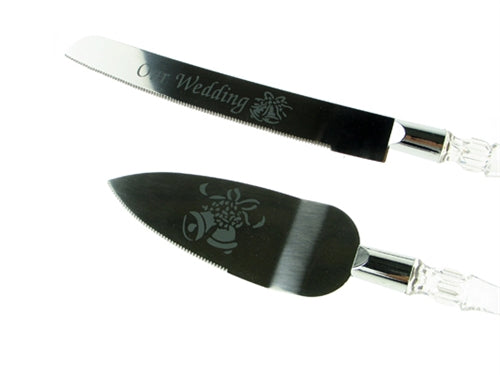 Cake Knife Set - Clear Handles - "Our Wedding" (1 Set)