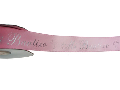 7/8" Satin METALLIC Printed Ribbon - "Mi Bautizo" (25 Yards)