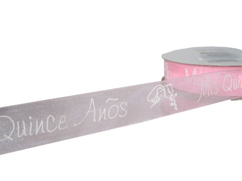 Load image into Gallery viewer, 7/8&quot; Organza Printed Ribbon - &quot;Mis Quince Anos&quot; (25 Yds)
