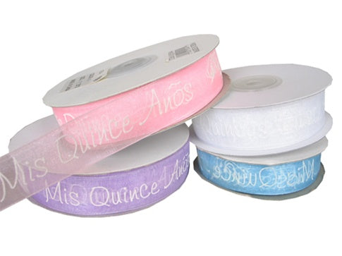 Load image into Gallery viewer, 7/8&quot; Organza Printed Ribbon - &quot;Mis Quince Anos&quot; (25 Yds)

