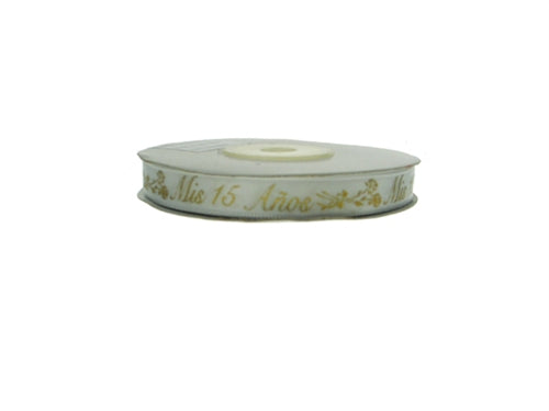 Listón Estampado METÁLICO Satinado 3/8" - "Mis 15 Anos" (25 Yardas)