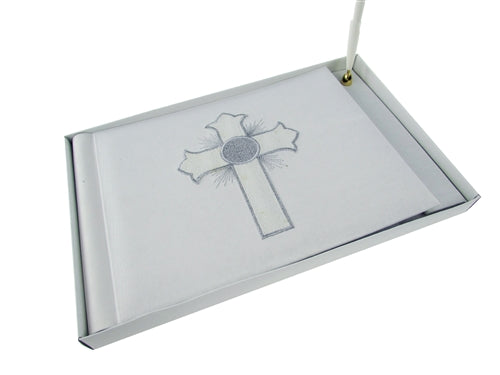Libro de invitados con cruz bordada en satén de primera calidad con bolígrafo (1)