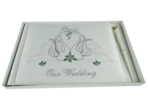 Load image into Gallery viewer, Premium Satin Embroidered &quot;WEDDING&quot; Guest Book w/ Pen - Swan (1 Pc)
