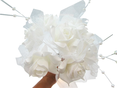 11" Tall Foam Rose Bouquet w/ Sparkling Tulle & Beaded Spray (1 Pc)