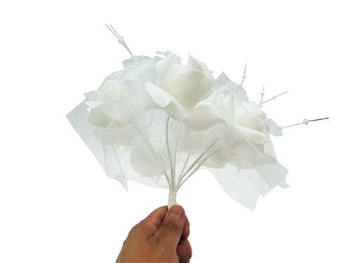 11" Tall Foam Rose Bouquet w/ Sparkling Tulle & Beaded Spray (1 Pc)